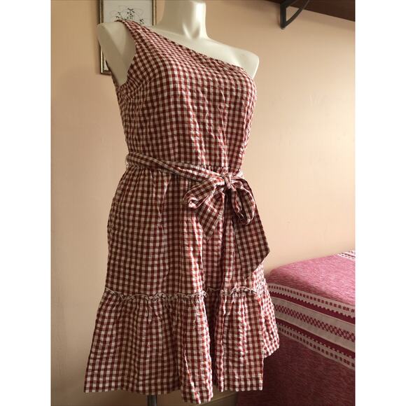 NWT Crown & Ivy One Shoulder Gingham Midi Dress Size 14 Red White Belted Lined - Picture 2 of 8